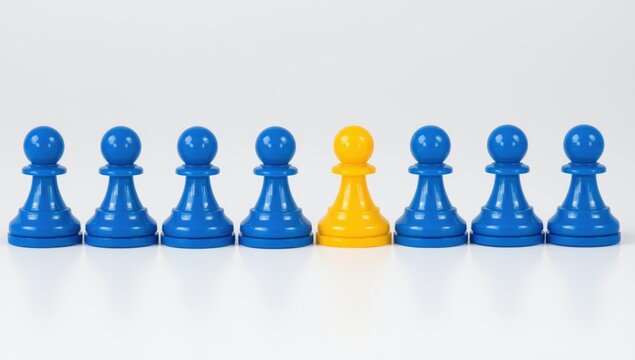 One yellow chess pawn standing out among many blue pawns in a straight row