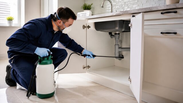 Pest control technician in protective mask and gloves spraying insecticide under a kitchen sink cabinet