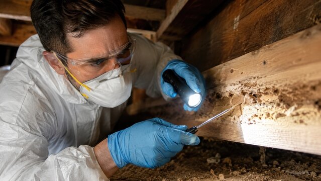 Professional termite inspection in a crawl space, inspector examining wood damage with flashlight and probe