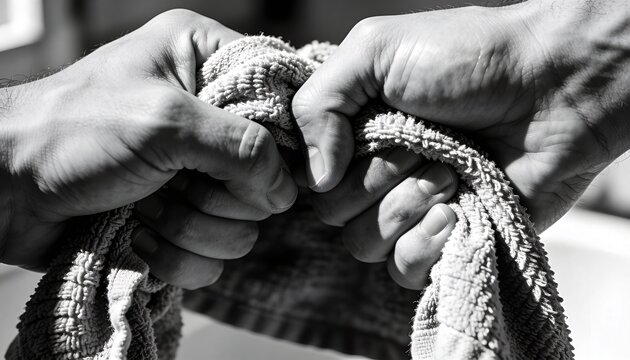 Gripping four adult hands pulling textured terry cloth towel inside room, showing knuckles