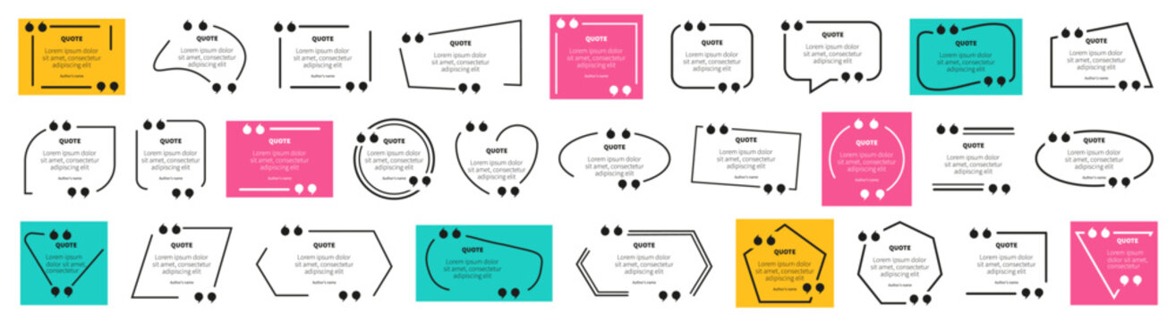 Quote frame collection in colorful style. Includes testimonial borders, citation templates, speech quote frames, review layouts