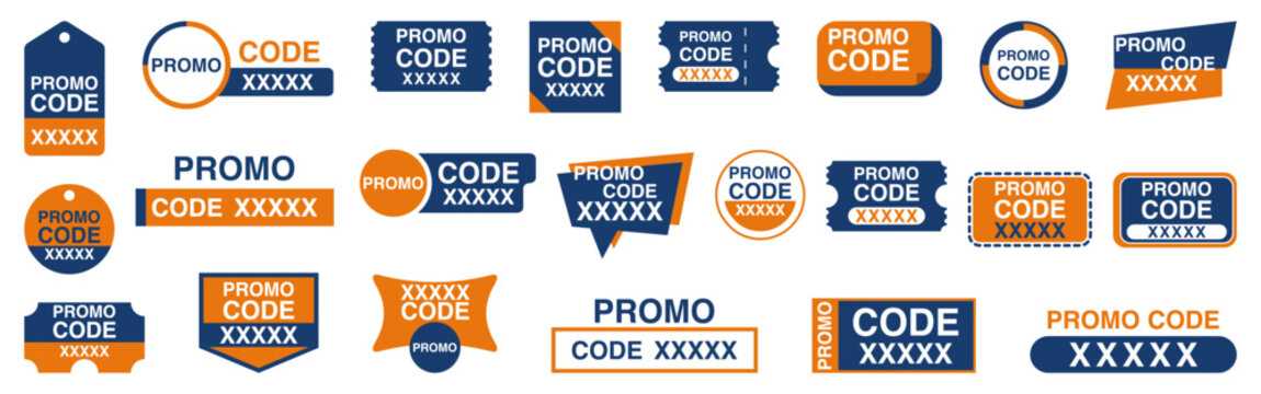 Promo code labels collection in orange and blue style. Includes coupon tags, discount badges, voucher labels, promotional banners