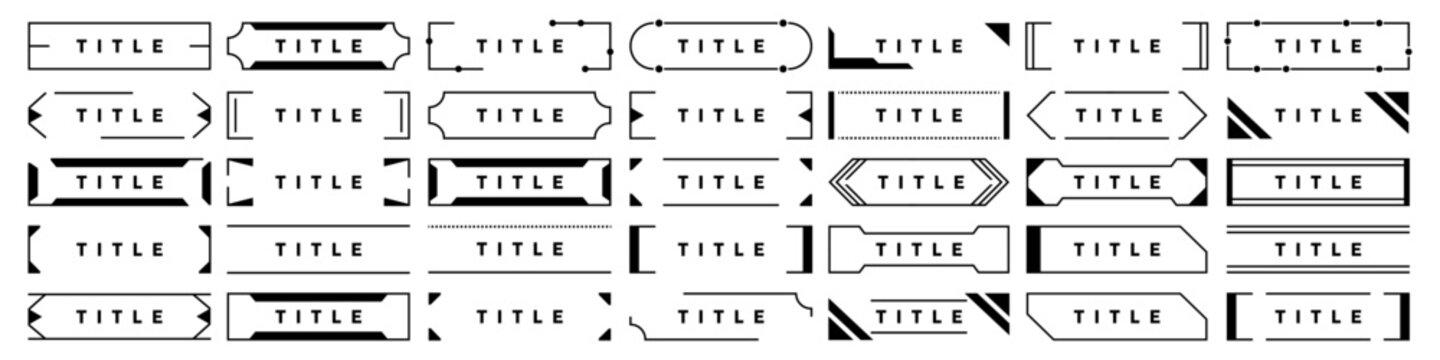 Title frames collection in monochrome style. Includes heading borders, caption labels, decorative title boxes and typography frame elements