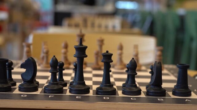 Black chess pieces align on a checkered board. They face forward, showing distinct forms. Other pieces appear softly blurred in the background. This setup captures a chess game moment