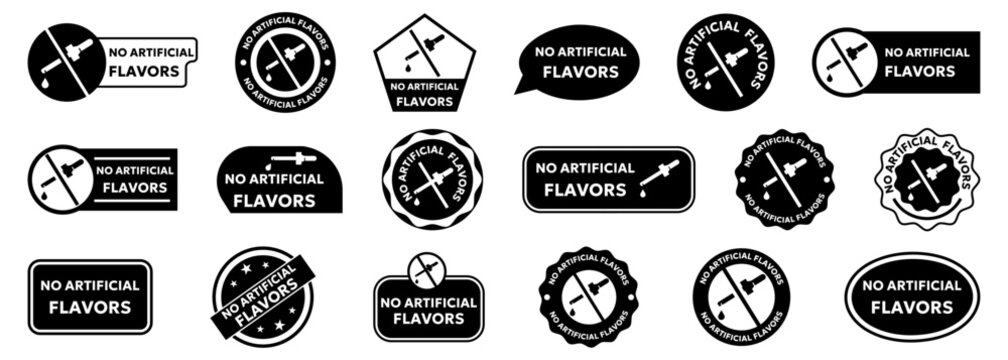 No artificial flavors labels and badges collection in monochrome style. Includes natural ingredient certifications, food packaging labels
