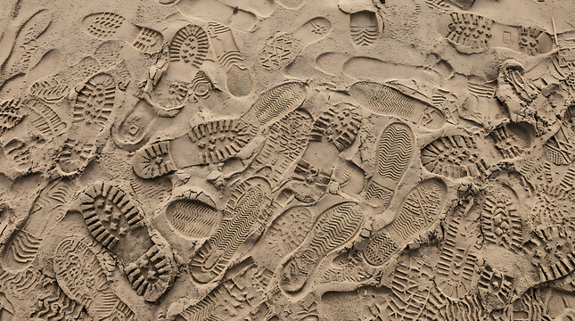 Numerous shoe footprints and boot tracks printed on wet sand ground texture