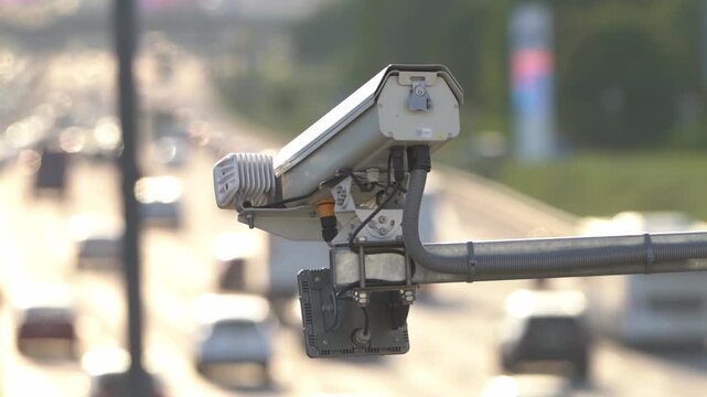 This traffic surveillance camera points toward highway lanes. Metal pole secures the device. Blurred cars travel on the road. Sunlight reflects off its lens. Road monitoring captures vehicle movement