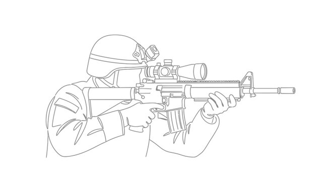 Minimalist line art illustration of a tactical military soldier aiming a sniper rifle.