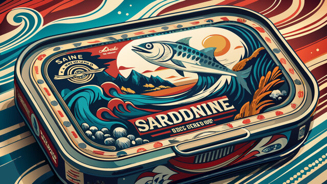 Vintage style canned sardines packaging design featuring stylized fish and oceanic waves sardines packaging illustration maritime commercial abstract stylized mountains culinary industry