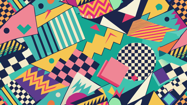 Retro memphis style seamless pattern with abstract geometric shapes and chequerboard elements abstract geometric seamless colorful nineties background triangles creative wallpaper ornament