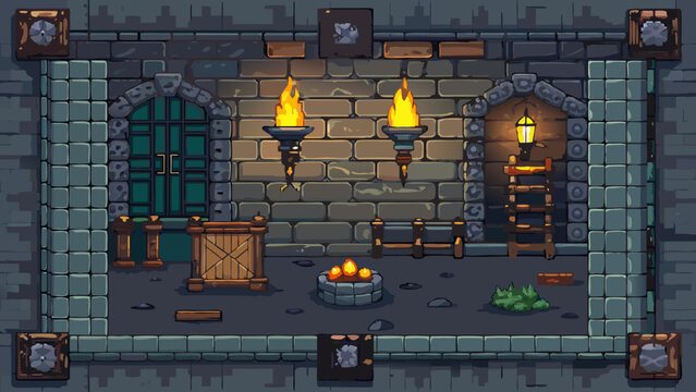 Dungeon interior game level background with stone walls and burning torches background interior medieval adventure entrance mysterious environment platformer structure illustration