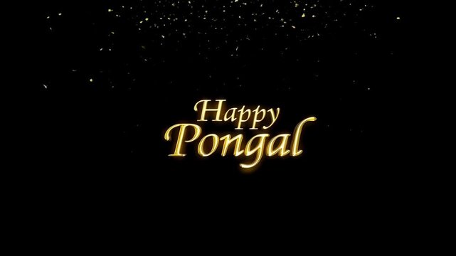 Festive golden text wishing "Happy Pongal" with sparkling confetti on a black background. Celebrating cultural traditions and harvest festivals