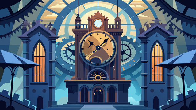 Steampunk clock tower architecture with industrial gear background steampunk industrial architecture mechanical machinery background cityscape building structure technology illustration