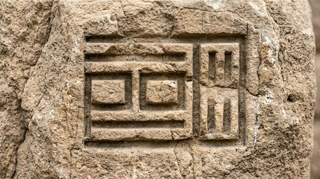 Ancient stone carving with geometric symbols, close-up detail of weathered rock texture.