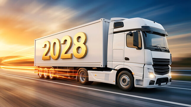White Delivery Semi Truck Speeding on Highway with 2028 Golden Year Emblem for Logistics Planning