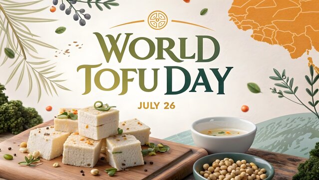 World tofu day celebration poster featuring fresh soy bean curd cubes on wooden board with soybeans and herbal garnish for vegetarian healthy food promotion