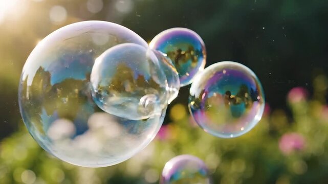 Iridescent soap bubbles float gently in the soft sunlight outdoors, evoking a sense of wonder and playfulness.