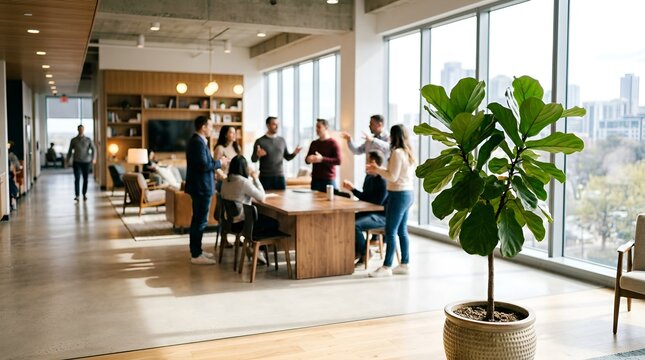 Diverse team collaborating in a modern, sunlit office space with large windows and a plant