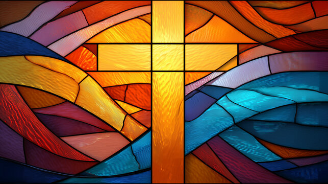 Stunning Catholic church sanctuary featuring vibrant stained glass artwork, dramatic sunbeams illuminating the pulpit, cross, and dim aisle in spiritual solitude.