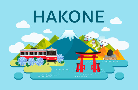 Hakone Japan Poster vector illustration. Beautiful Hakone Attraction Flat design