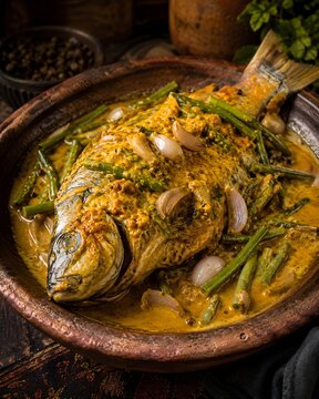 Arsik Ikan Mas, traditional North Sumatran spicy carp fish dish of Toba Batak cuisine served on a clay plate.