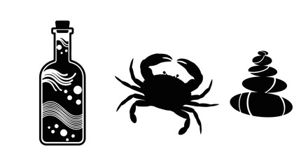 Vintage Nautical Crab Bottle And Stone Stack Illustration. © Muginandaru