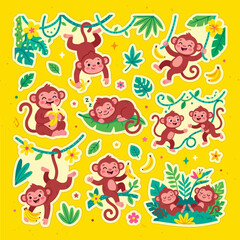 Fototapeta premium Collection of Cute Cartoon Monkeys Eating Bananas and Playing in a Jungle Setting