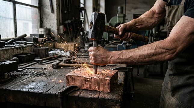 Blacksmith forging copper with hammer and chisel in workshop, sparks flying
