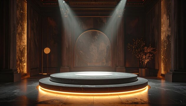 Elegant interior with a circular stage lit by spotlights, classical architecture backdrop
