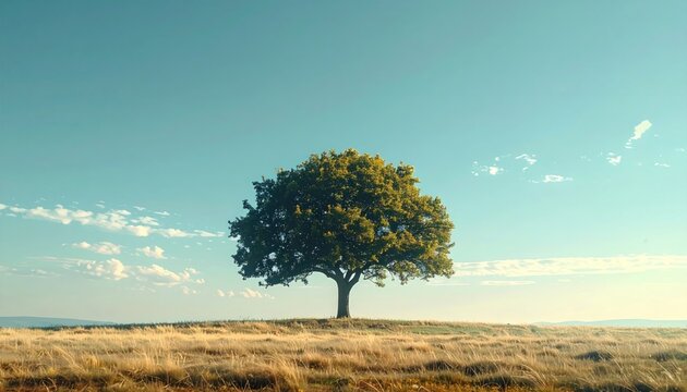 A solitary tree stands in a field of dry grass under a bright blue, cloud-strewn sky