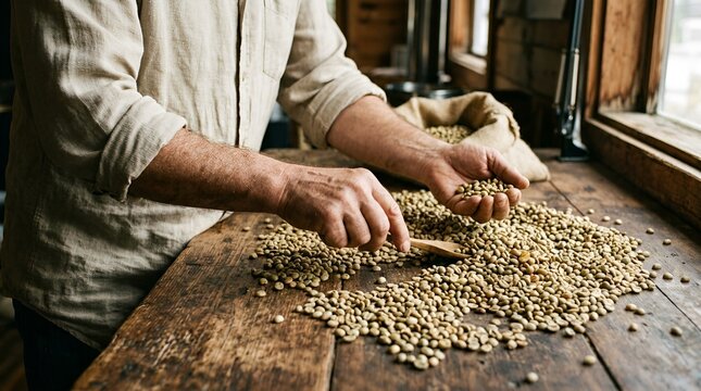 Man sorting raw green coffee beans by hand from burlap sack on wooden table