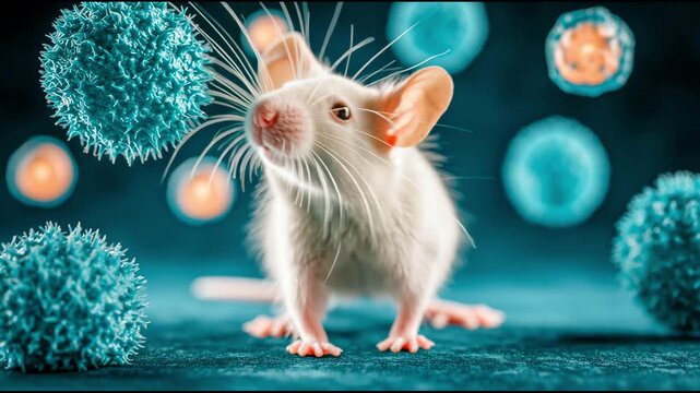 Close-up of a laboratory mouse on a turquoise background surrounded by virus-like particles. The theme of biomedical research, virology, and experimental science.