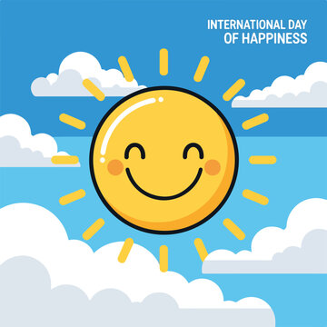 Smiling sun with rays and clouds