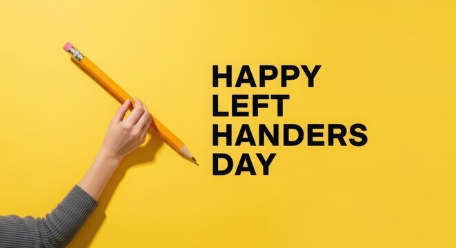 Left hand holding a large yellow pencil against a solid yellow background, happy left handers day