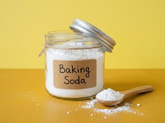 Glass jar of baking soda with a wooden spoon on a yellow and brown surface © Dean
