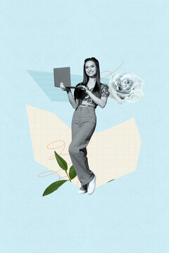 3d sketch image vertical collage of happy girl walk summer spring park rose flower bloom leaf floriculture march holiday