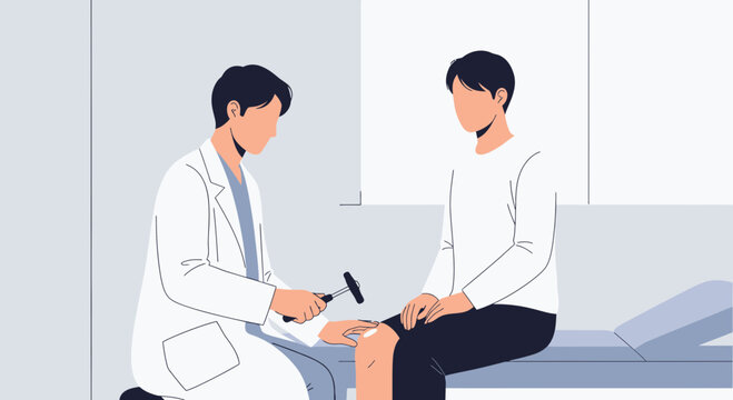 Doctor checking patient's knee reflex with reflex hammer in medical clinic