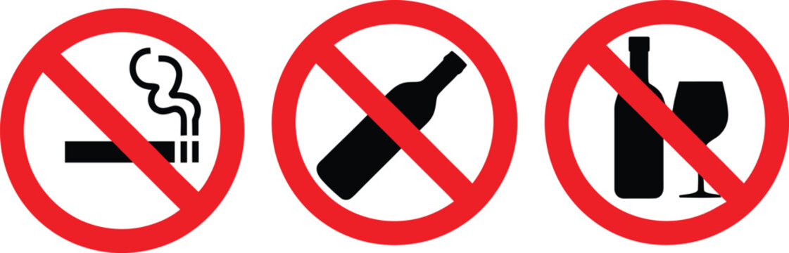 Prohibition icons no smoking drinking wine bottle glass