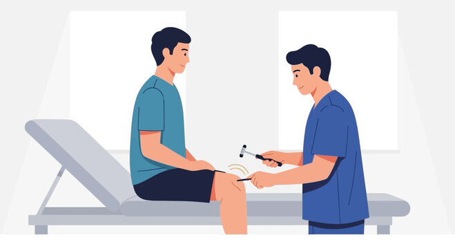 Doctor testing patient's reflexes with reflex hammer in medical exam room
