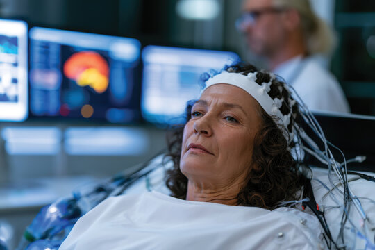 A woman with curls lies relaxed during an EEG session, capturing the importance of mental health diagnostics in a calming and reassuring clinical environment.