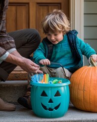 Fototapeta premium Child and parent preparing teal pumpkin Halloween basket with treats and toys