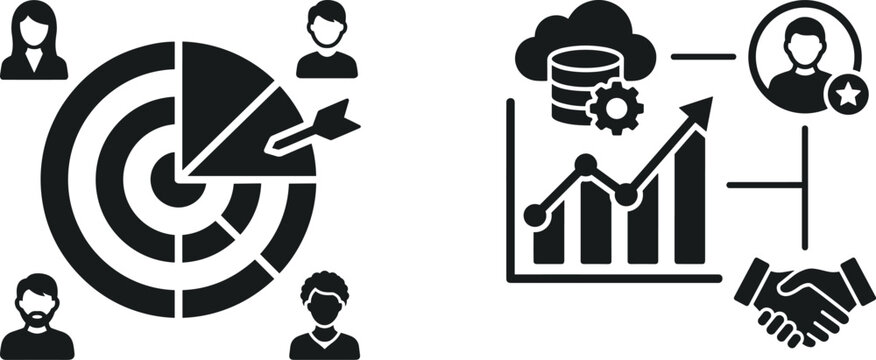 Animated business analytics icons representing customer audience targeting demographic data segmentation cloud database marketing strategy and handshake partnership loop on white background