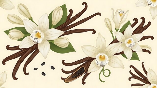 Vanilla Flowers and Pods Botanical Illustration.