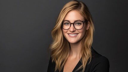 Fototapeta premium Smiling businesswoman with glasses and blonde hair on dark background