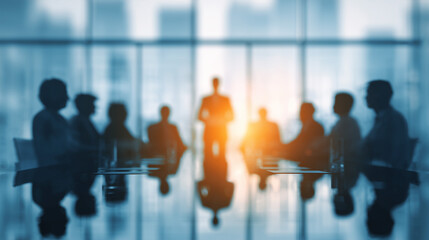 Obraz premium Blurry silhouette of a business leader giving a presentation to a team in a corporate boardroom with city view during sunset