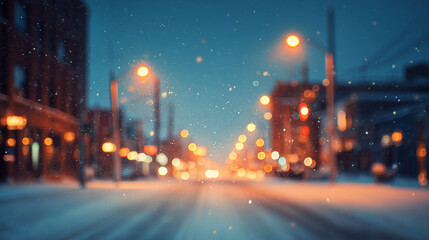 Obraz premium Blurry city street scene at night during winter snowfall with warm glowing bokeh lights and snow covered road