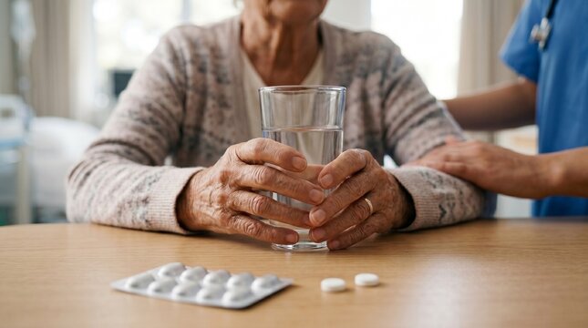 Senior woman holding a glass of water to take medication. Caring home health aide in blue scrubs comforting the elderly patient. Medication management and elder care concept
