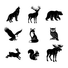 Obraz premium Forest animals silhouette collection nature symbols woodland creatures vector bear eagle deer fox.