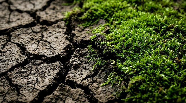 Green moss growing over dry cracked parched earth