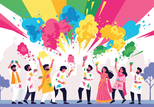 Vibrant festival scene with people throwing colorful powders